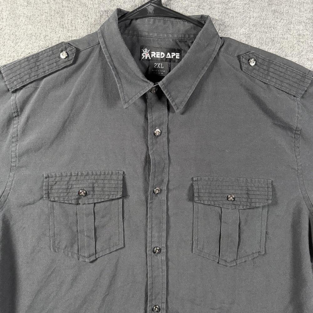Red Ape Shirt Mens 2XL Gray Short Sleeve Button Up Embroidered Epaulet